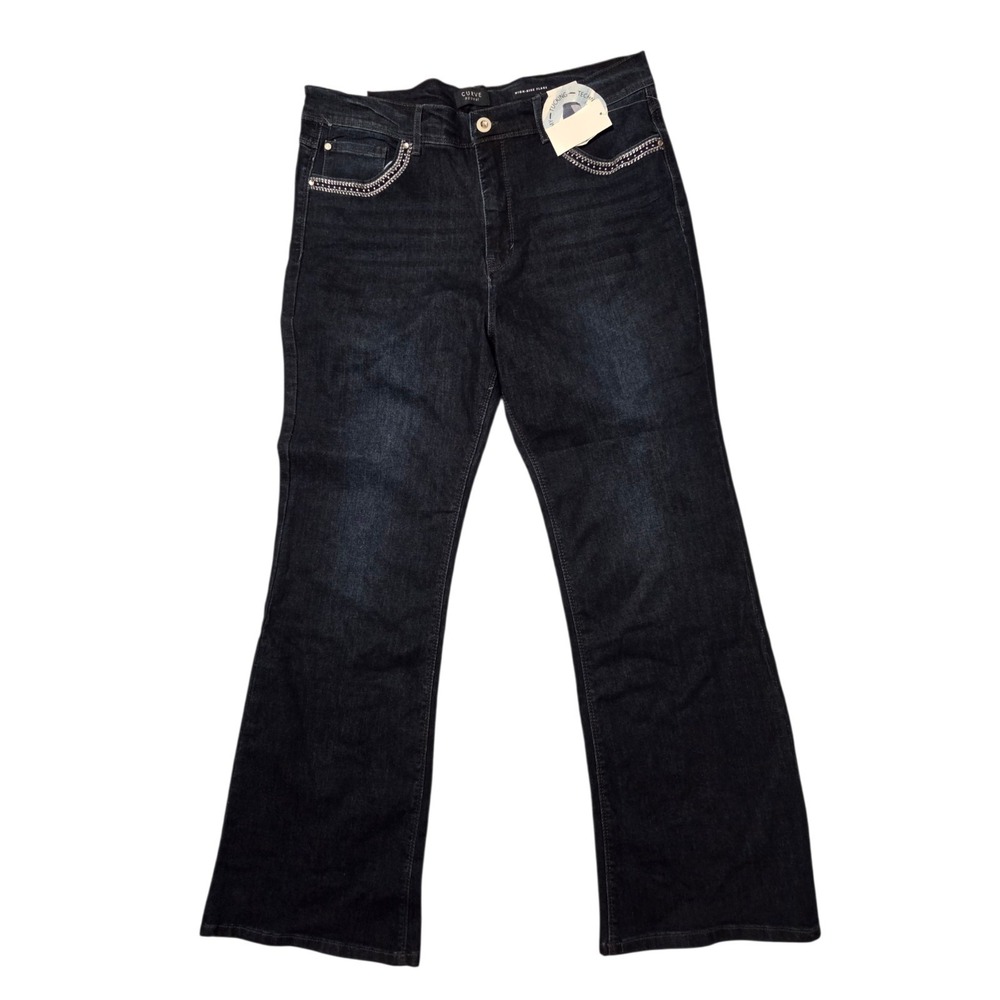Curve Appeal Flare Embroidered Embellished High Rise Dark Wash Jeans 16 NWT